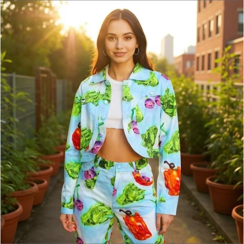 Somewhere Nowhere ✦ Veggie Print Cropped Twill Jacket ✦ Forbidden Fruit Blue L